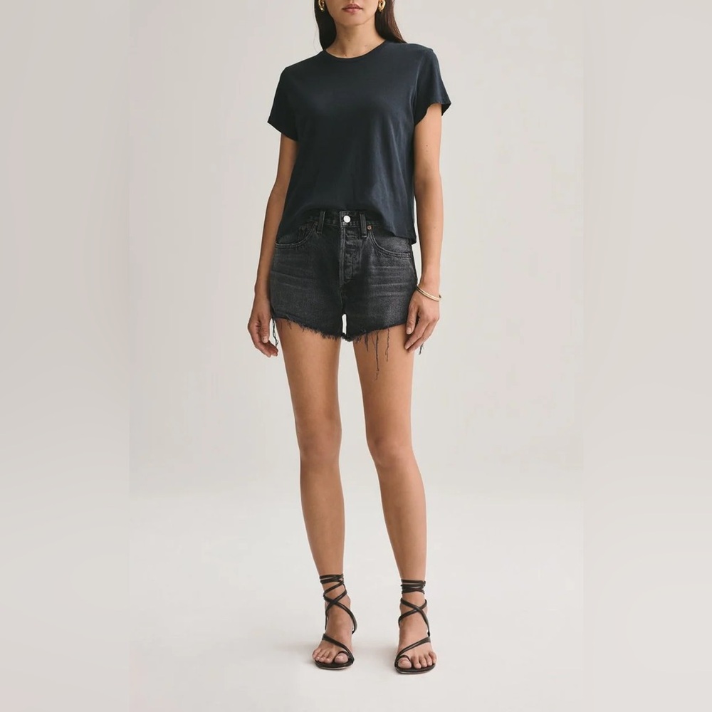 Agolde High Waist Frayed Hem Denim Shorts in Washed Black